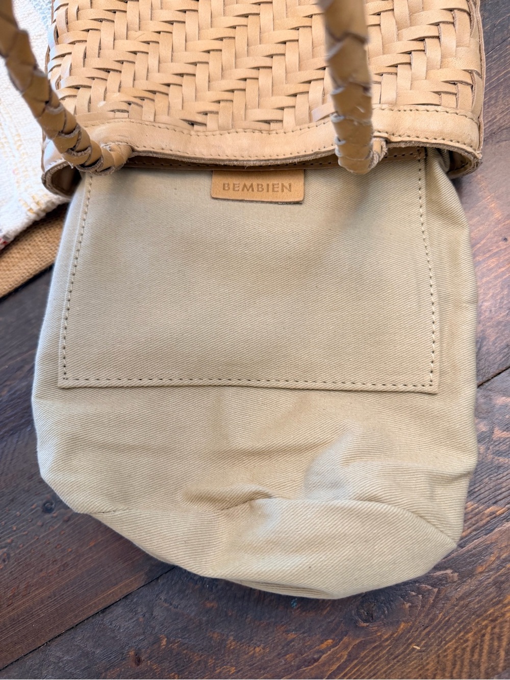 Bembien Ella Woven Leather Bucket Bag Tote + Bonus Bag Scarf - Like New - Picture 9 of 16